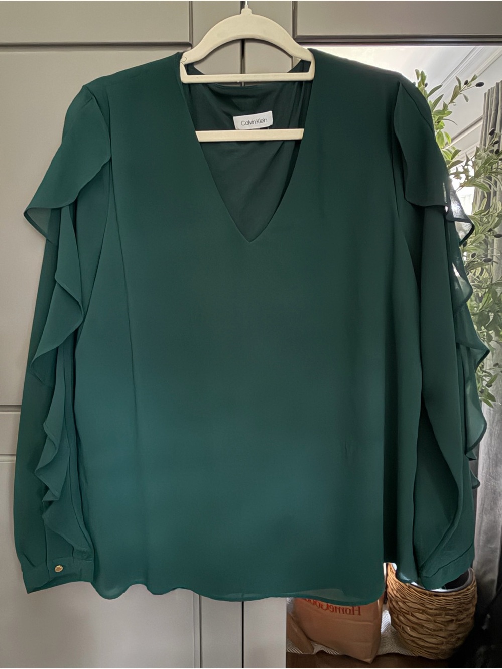 Calvin Klein Deep Green V-Neck Ruffle Sleeve Blouse